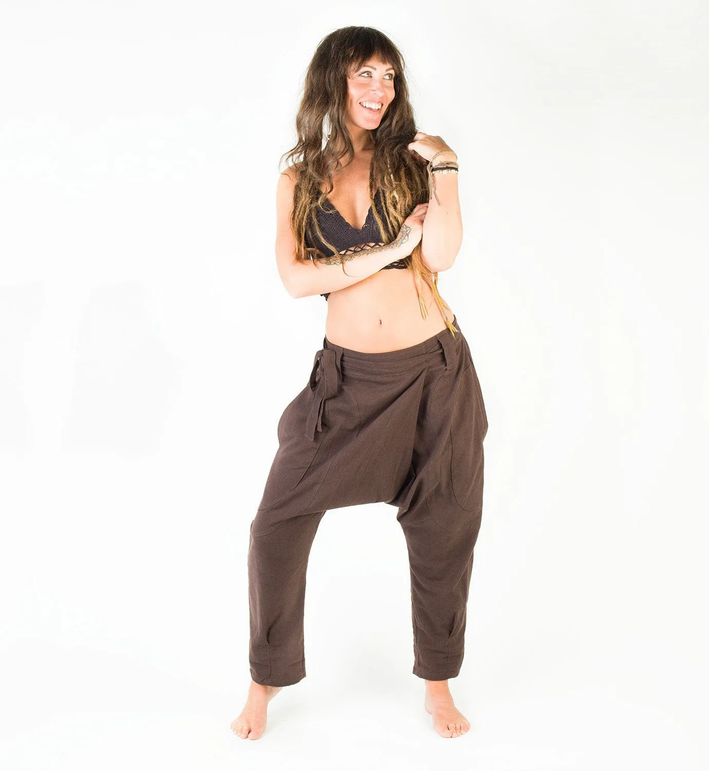 Afghani Harem Drop Crotch Pants Full Length, Brown Handmade Comfortable Yoga Gypsy Boho Alibaba Aladdin Festival with two Pockets AJJAYA