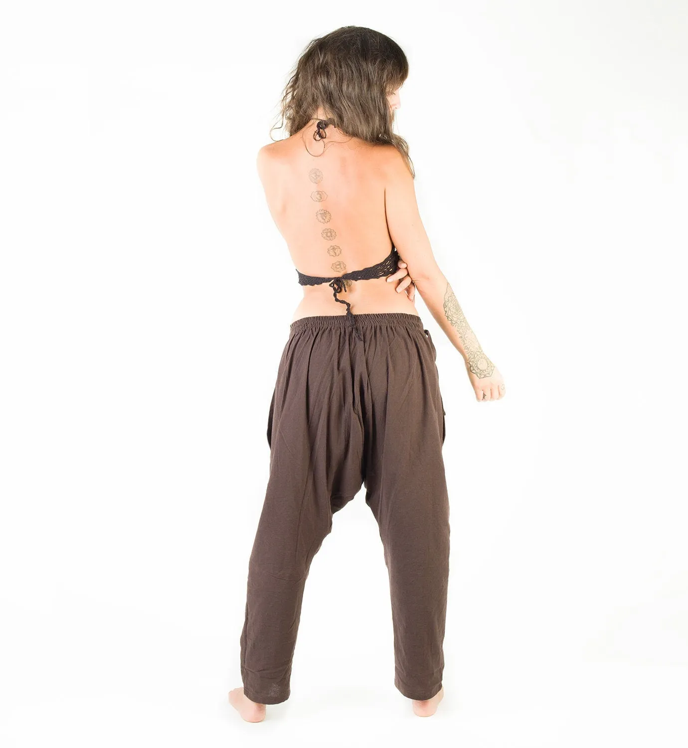 Afghani Harem Drop Crotch Pants Full Length, Brown Handmade Comfortable Yoga Gypsy Boho Alibaba Aladdin Festival with two Pockets AJJAYA