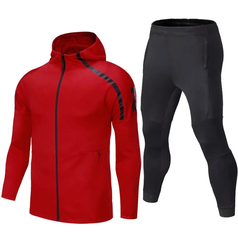 Autumn Winter Hooded Jacket Mens Sports Suit Gym Fitness Running Pants Youth Zipper High Elasticity Hoodies Male Long Sleeve