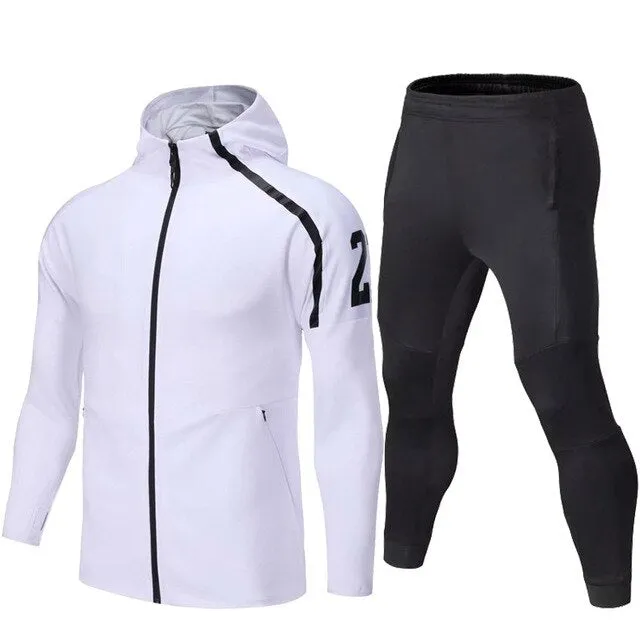 Autumn Winter Hooded Jacket Mens Sports Suit Gym Fitness Running Pants Youth Zipper High Elasticity Hoodies Male Long Sleeve