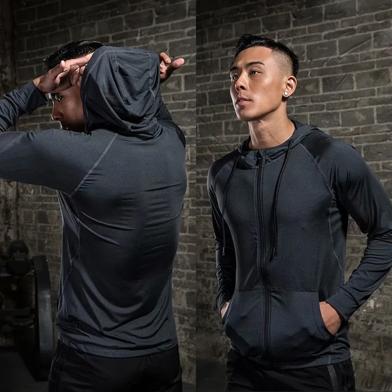 Men Fitness Sport Jacket Gym Running Hoodies Male Sportswear Workout Coat Jogging Hooded Shirt Outdoor Sweatshirt MMA Dry Fit