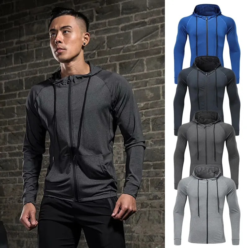 Men Fitness Sport Jacket Gym Running Hoodies Male Sportswear Workout Coat Jogging Hooded Shirt Outdoor Sweatshirt MMA Dry Fit