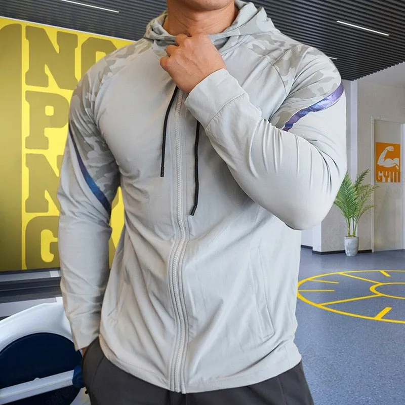 Men Running Sport Hoodies Gym Fitness Long Sleeve Sweatshirt Compression Training Bodybuilding Coat Outdoor Hooded Jacket Tops