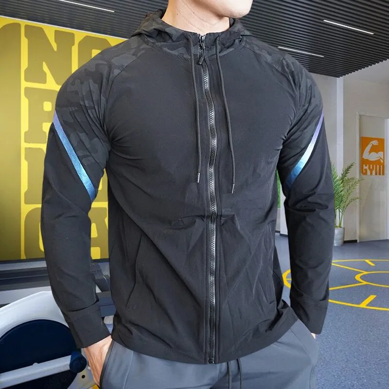 Men Running Sport Hoodies Gym Fitness Long Sleeve Sweatshirt Compression Training Bodybuilding Coat Outdoor Hooded Jacket Tops