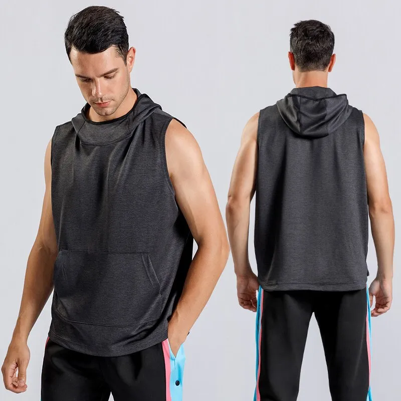 Mens Sport Sleeveless Sweatshirt Gym Training Hoodies Tank Clothing Male Fitness Shirts Tops Bodybuilding Singlet Workout Vest