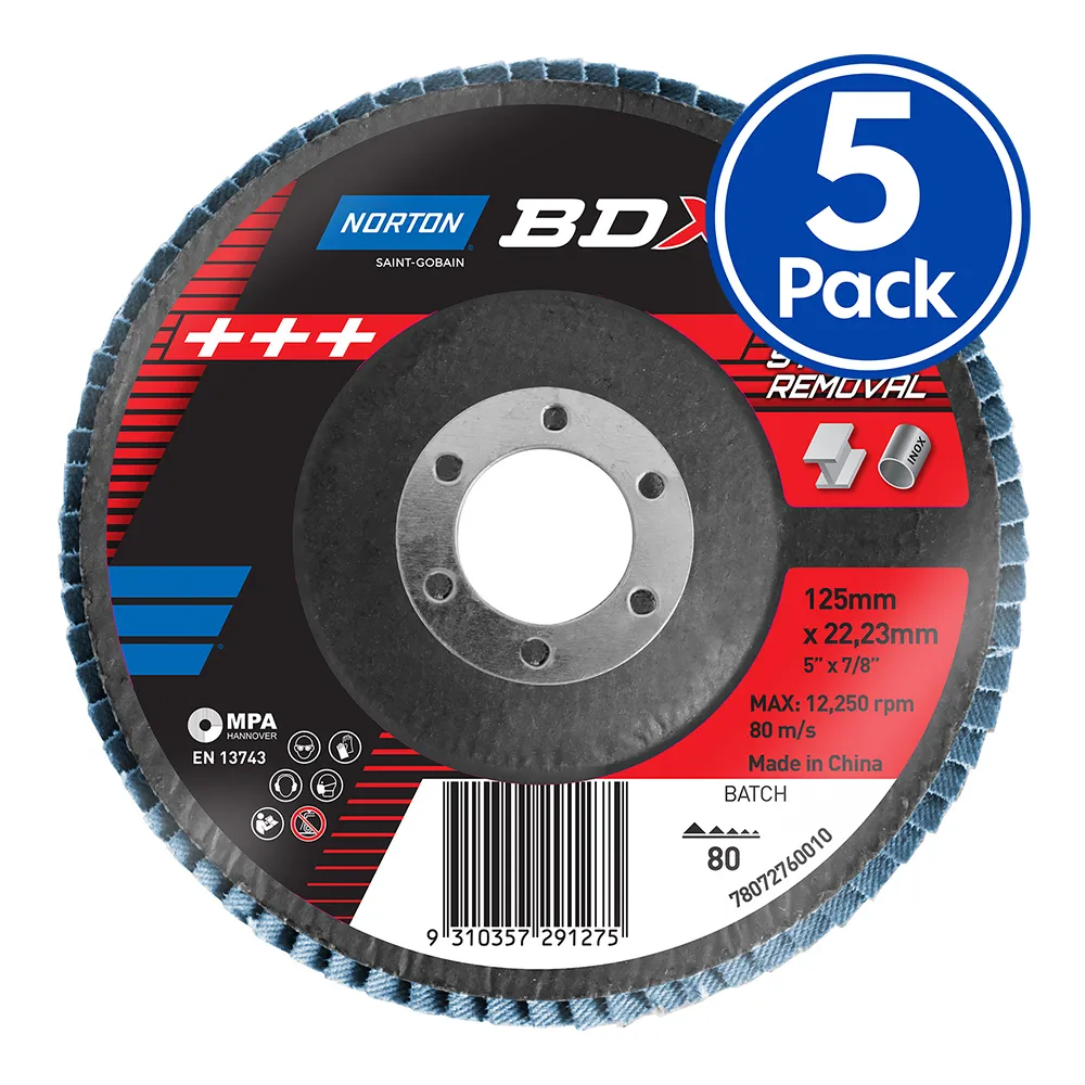 NORTON BDX Flap Disc 125mm x 22mm x 5 Pack P80 Grit Fast Stock Removal