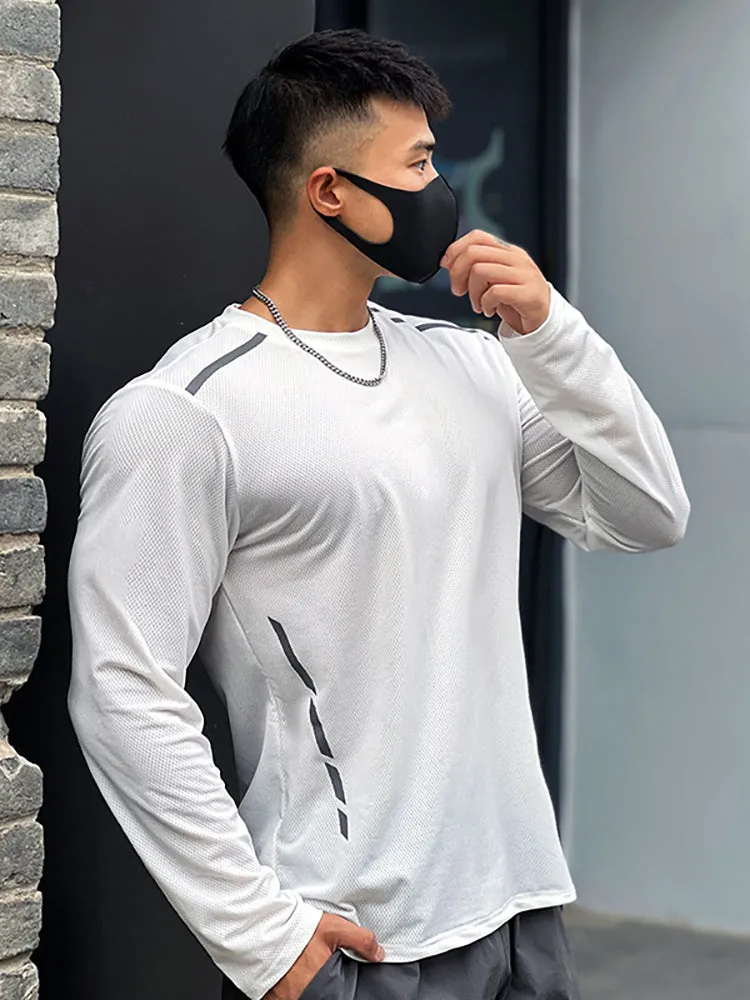 Nylon Quick Dry Mesh Long Sleeve Men'S Loose Sport Fitness Casual Round Neck Outdoor Sportswear