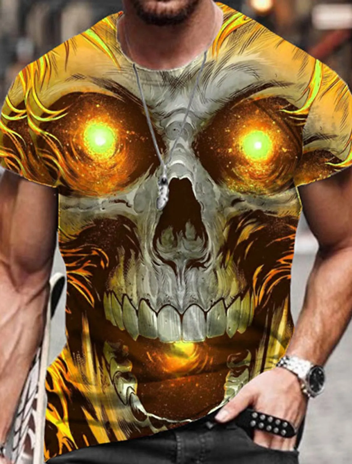 Skull Mens 3D Shirt For Halloween | Yellow Summer Cotton | Men'S Unisex Tee Graphic Prints Crew Neck Pink Blue Purple Orange 3D Outdoor Street Short