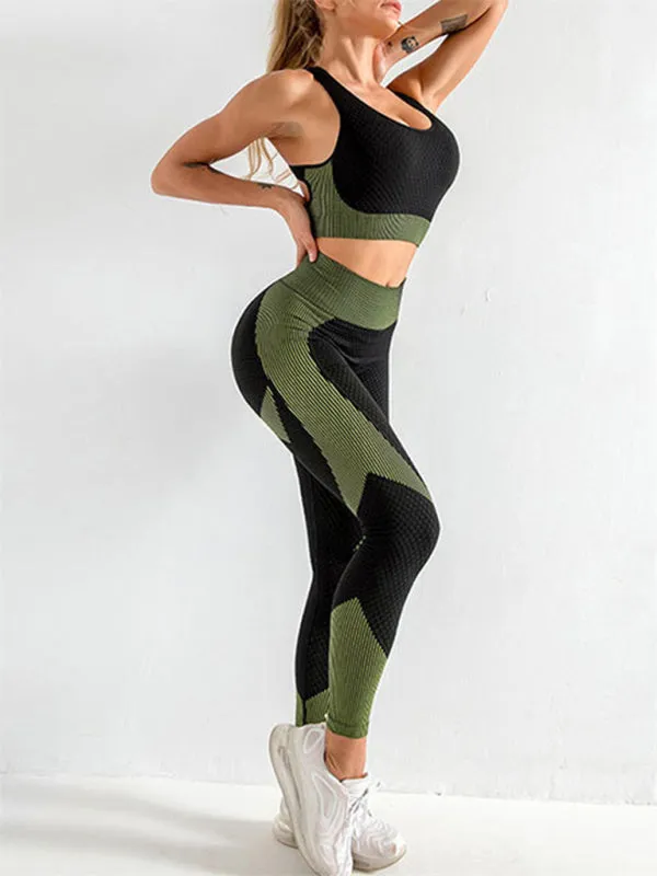 Women's Colour Block Activewear Gym Set Including Crop Vest And Leggings