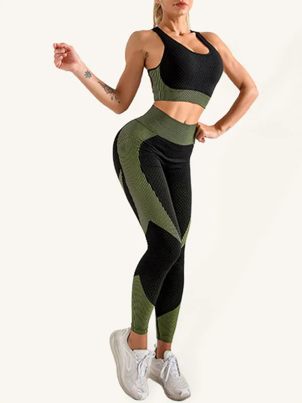 Women's Colour Block Activewear Gym Set Including Crop Vest And Leggings