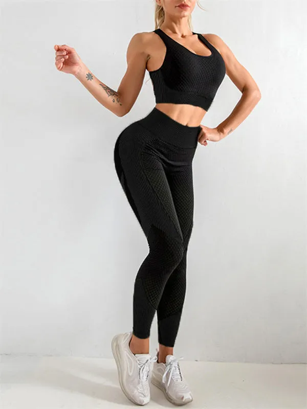 Women's Colour Block Activewear Gym Set Including Crop Vest And Leggings