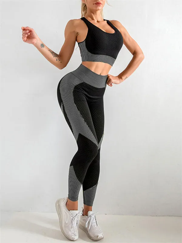 Women's Colour Block Activewear Gym Set Including Crop Vest And Leggings