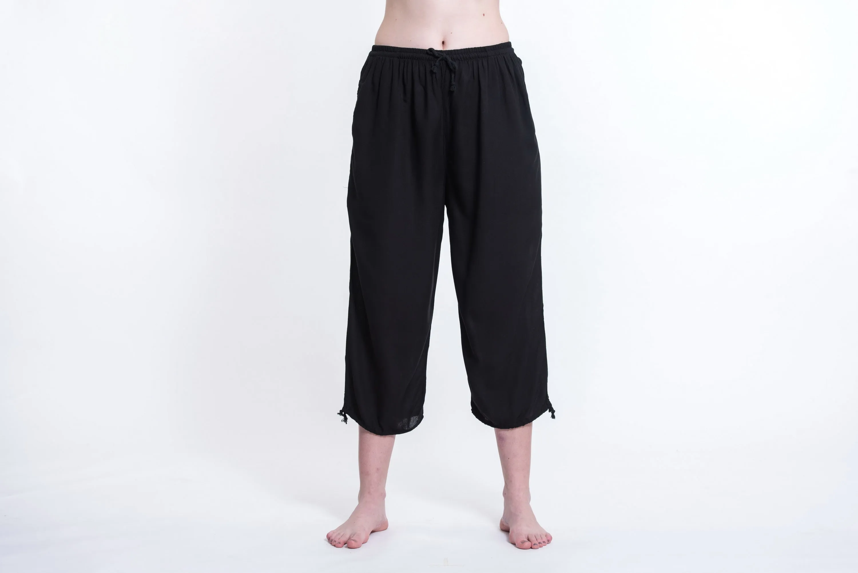 Womens Solid Color Drawstring Cropped Pants in Black